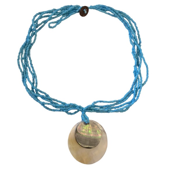 Blue Beaded Shell Pendant Necklace - Picture 6 of 7
